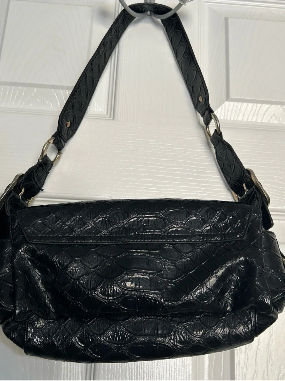 Guess Black Purse Croc-Embossed faux leather with large Silver Logo studded Y2K